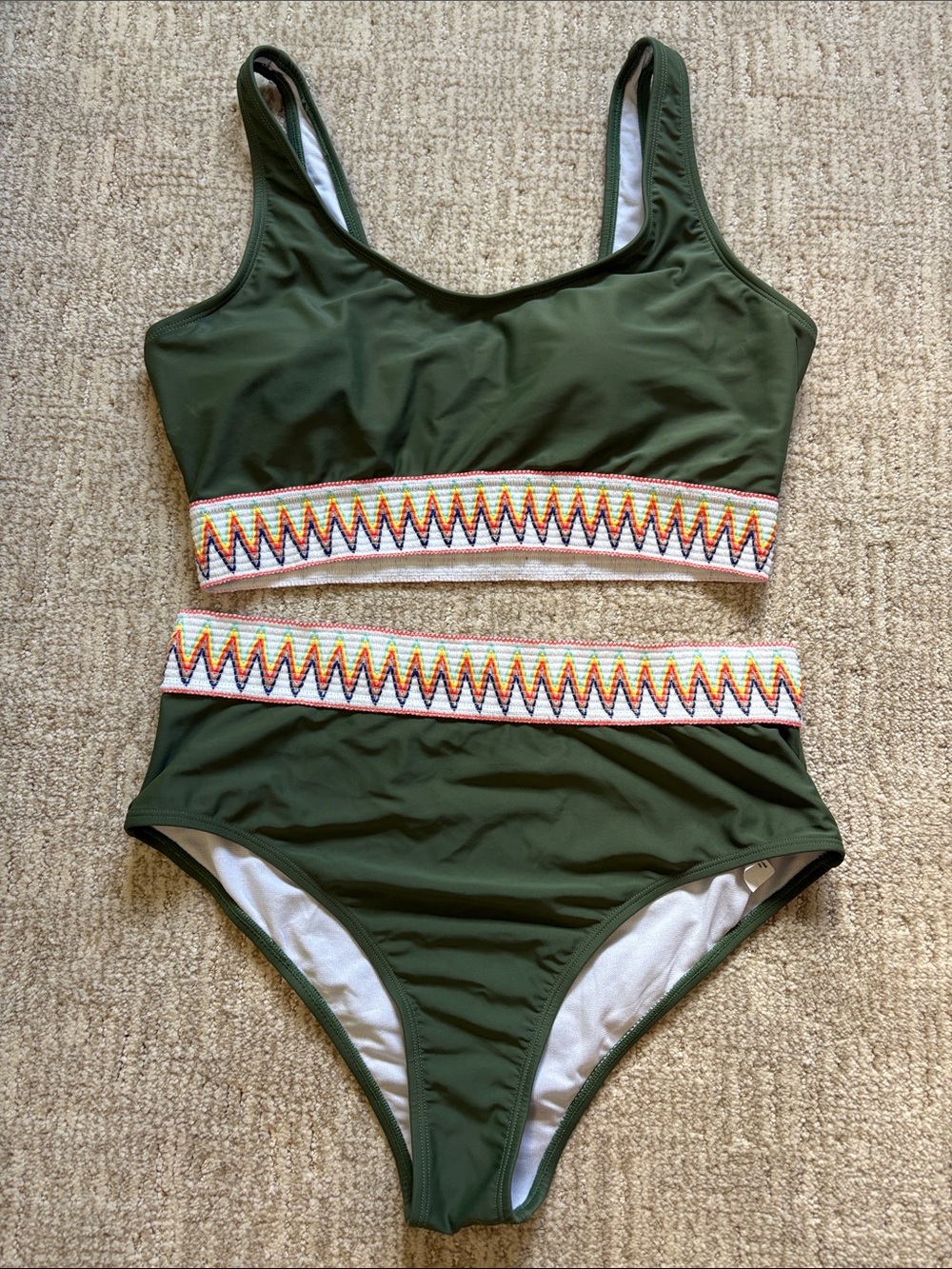 Olive Green High-Waist Bikini Set with Zigzag Trim
